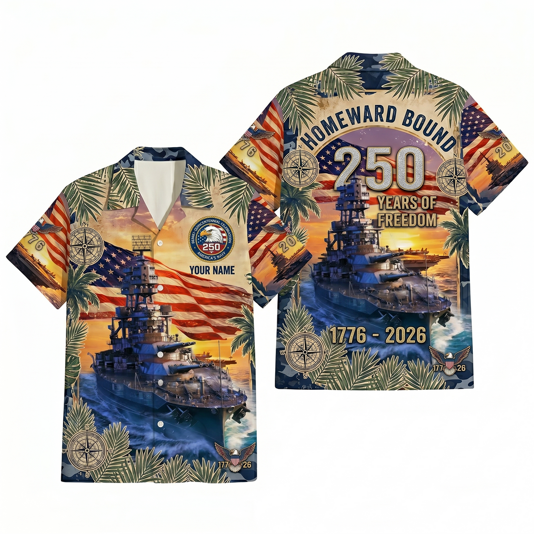 Mens Personalized US Navy Homeward Bound 250 Years of Freedom Hawaiian Shirt Flat Layout