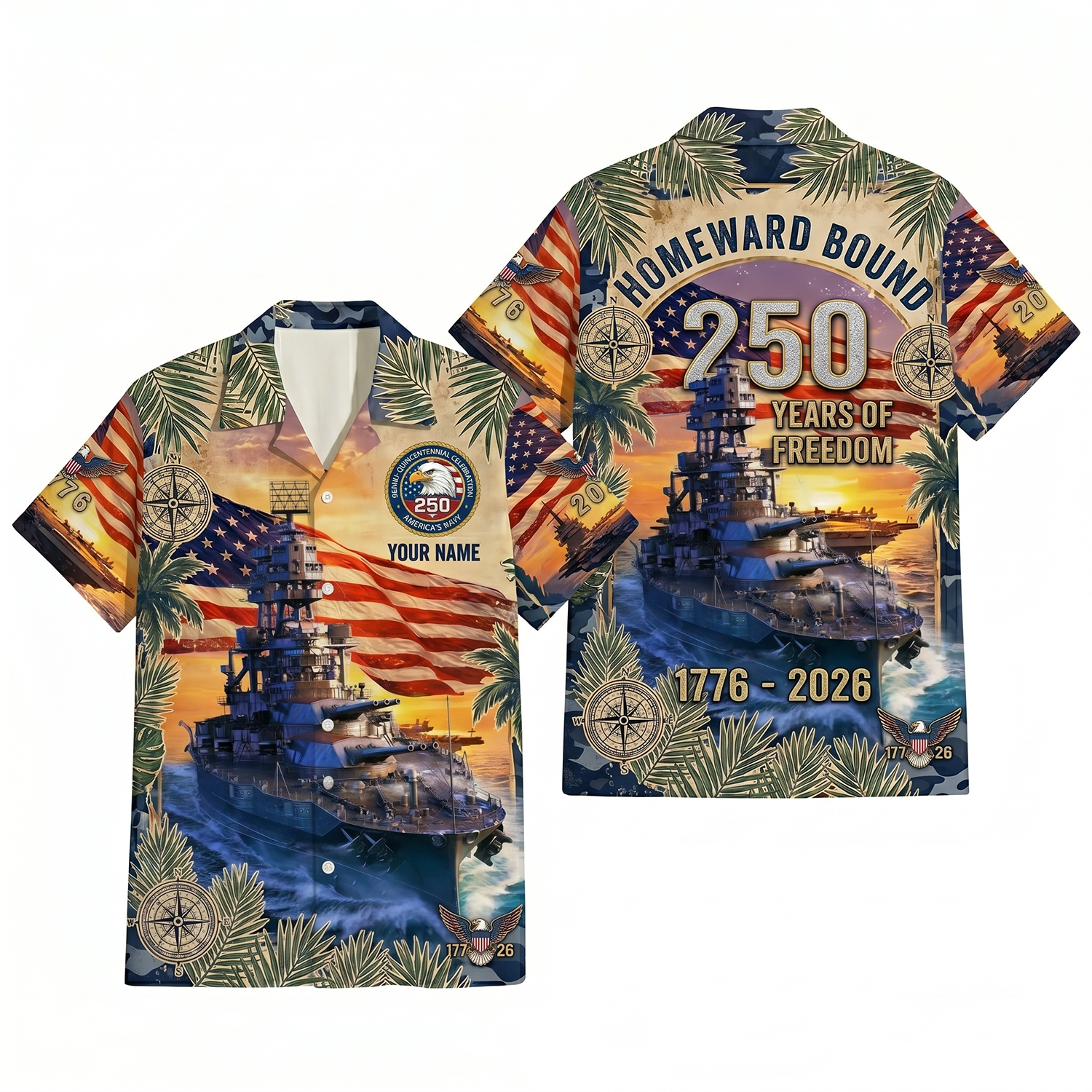 Mens Personalized US Navy Homeward Bound 250 Years of Freedom Hawaiian Shirt Flat Layout