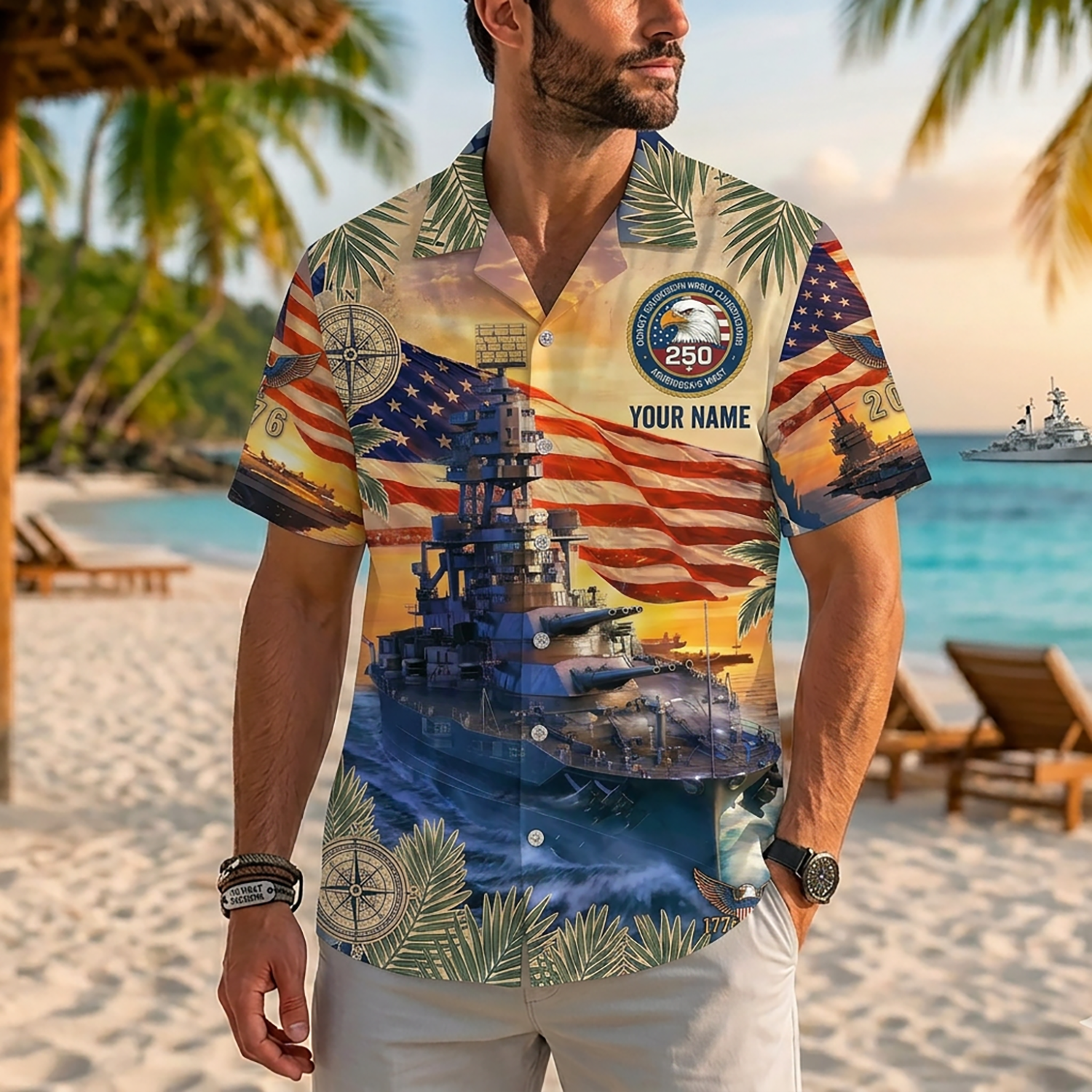 Mens US Navy Hawaiian Shirt Front View Showing Custom Name Slot And Semiquincentennial Eagle Badge On Model