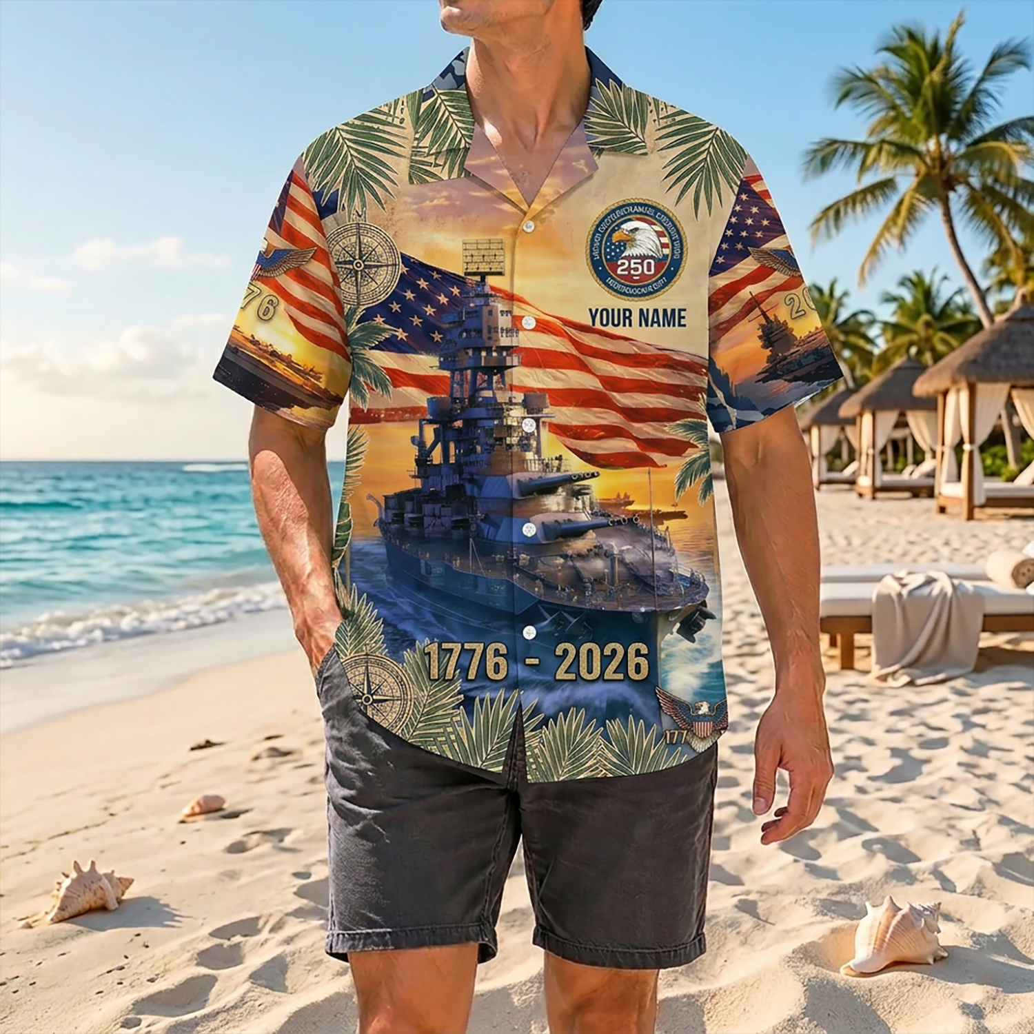 Proud Veteran Wearing Matching Personalized US Navy 250 Years of Freedom Hawaiian Shirt On A Tropical Beach