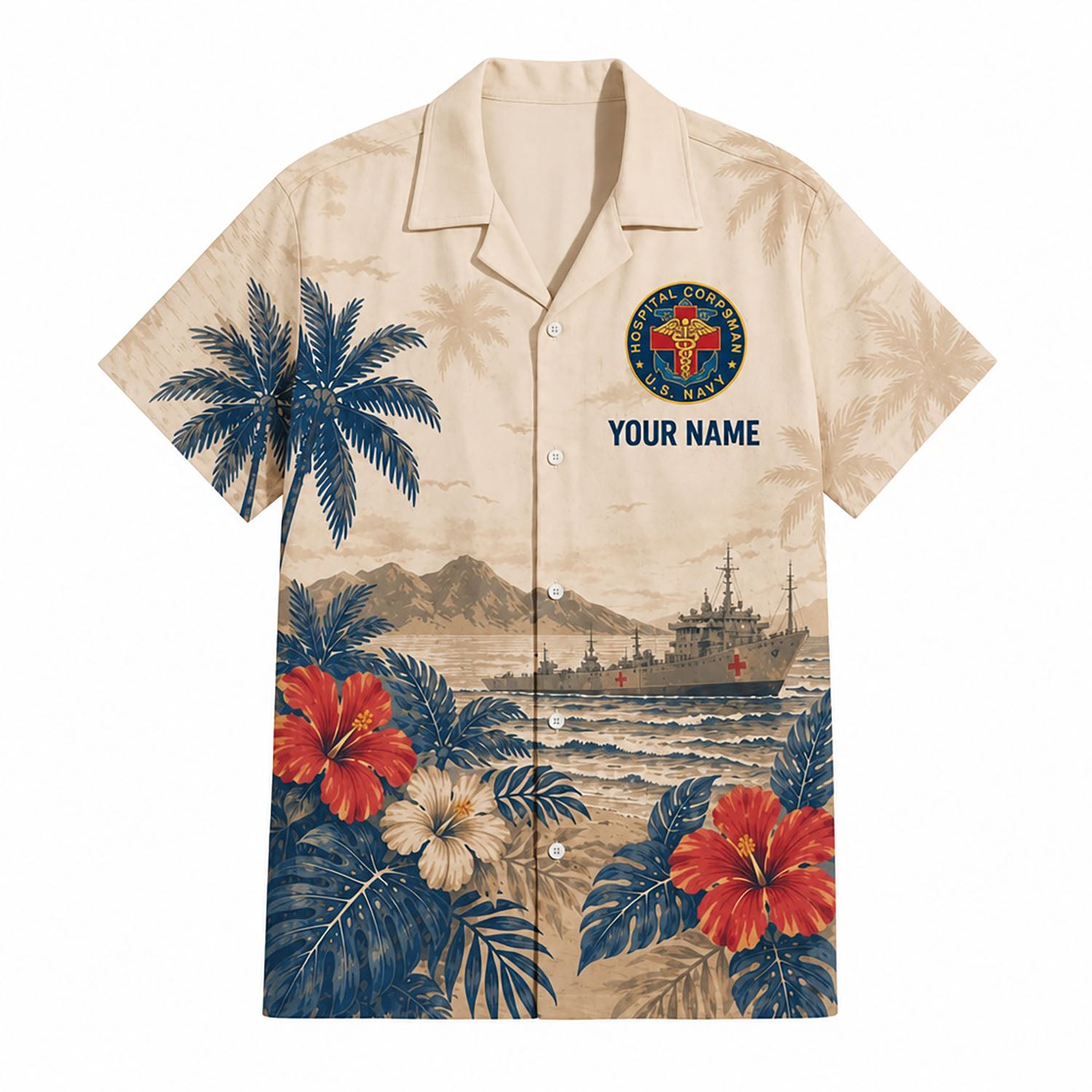 Front flat-lay view of the Personalized US Navy Hospital Corpsman Hawaiian Shirt with custom name, HM round crest, and a medical navy ship at sea
