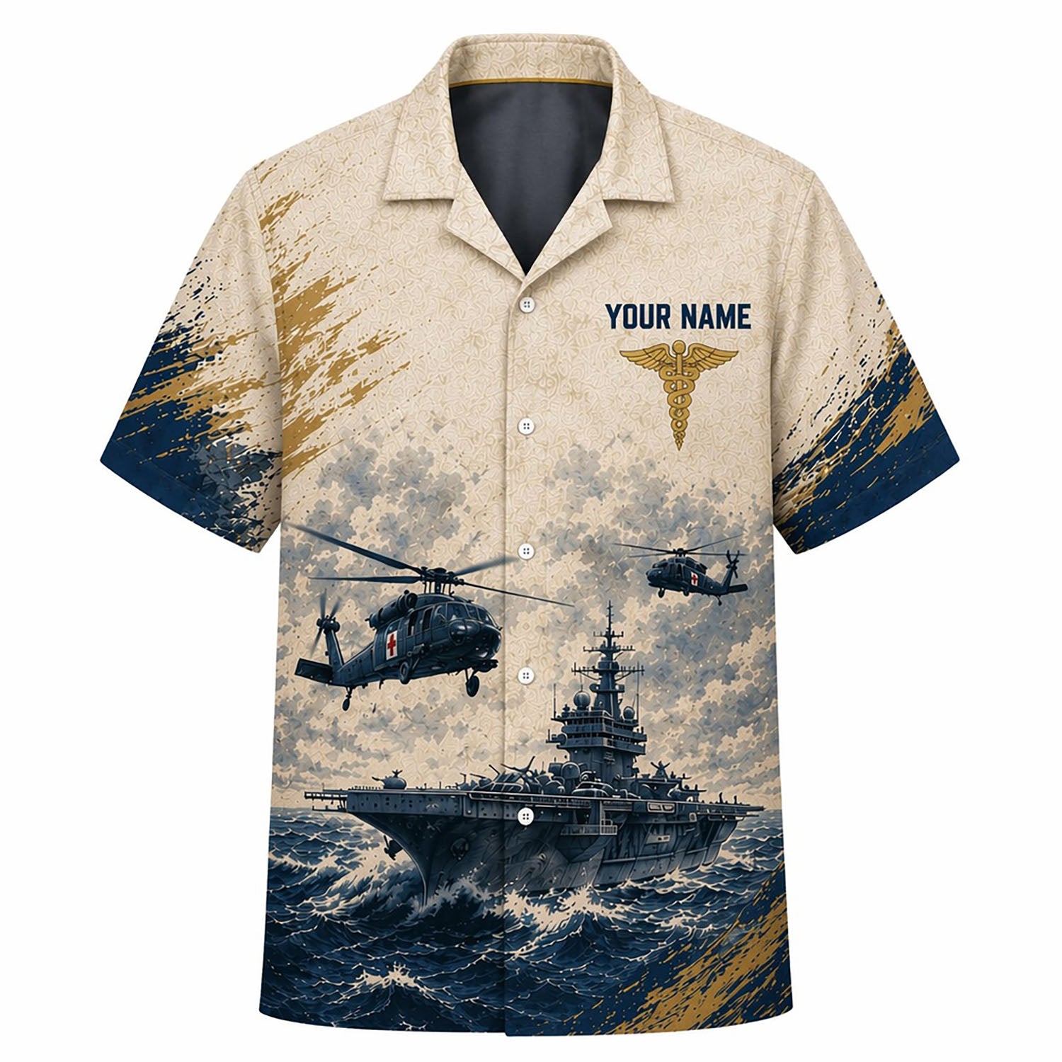 Front flat-lay view of the Personalized US Navy Hospital Corpsman Hawaiian Shirt with custom name, gold caduceus emblem, and medevac helicopters over a battleship