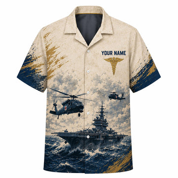 Front flat-lay view of the Personalized US Navy Hospital Corpsman Hawaiian Shirt with custom name, gold caduceus emblem, and medevac helicopters over a battleship