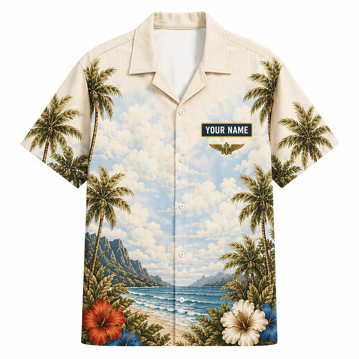 Front flat-lay view of the Personalized US Navy Hospital Corpsman Tropical Hawaiian Shirt with custom name plate, beige background, and vibrant hibiscus flowers