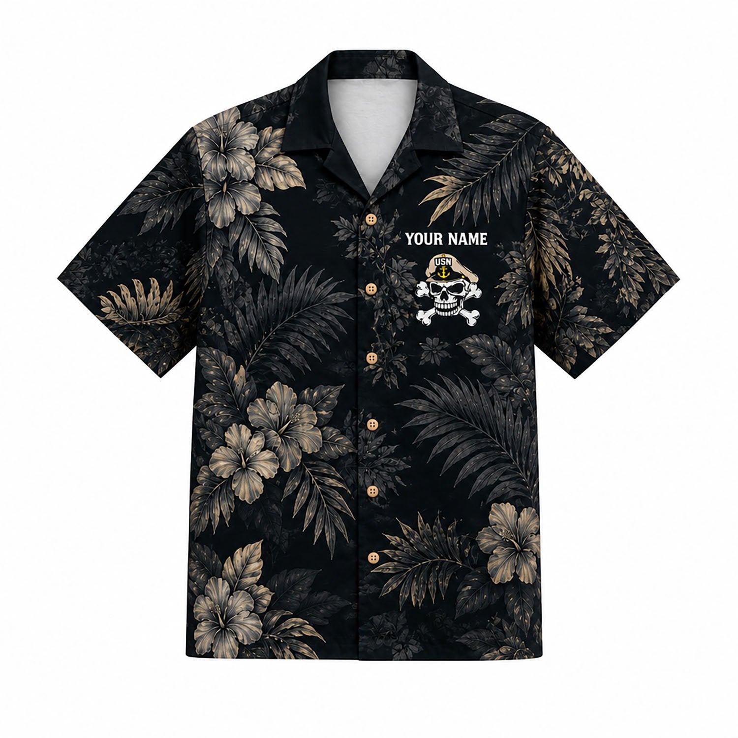 Front flat-lay view of the Personalized US Navy Master Chief Skull Hawaiian Shirt with custom name layout and sepia tropical floral patterns