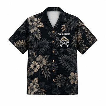 Front flat-lay view of the Personalized US Navy Master Chief Skull Hawaiian Shirt with custom name layout and sepia tropical floral patterns