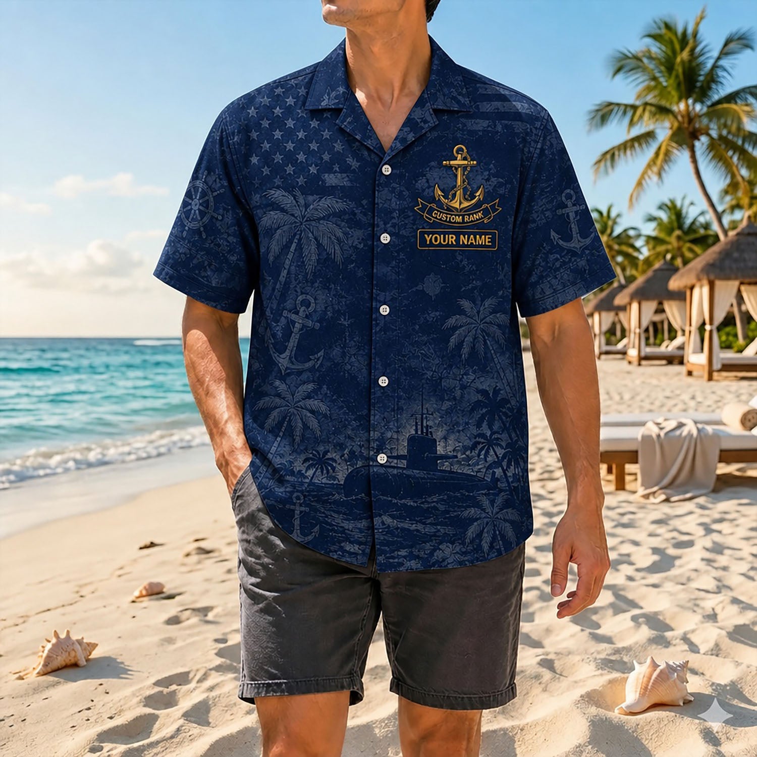 Full shot of a male model posing on a sunny shore wearing the personalized blue Navy family submarine shirt with dark grey shorts