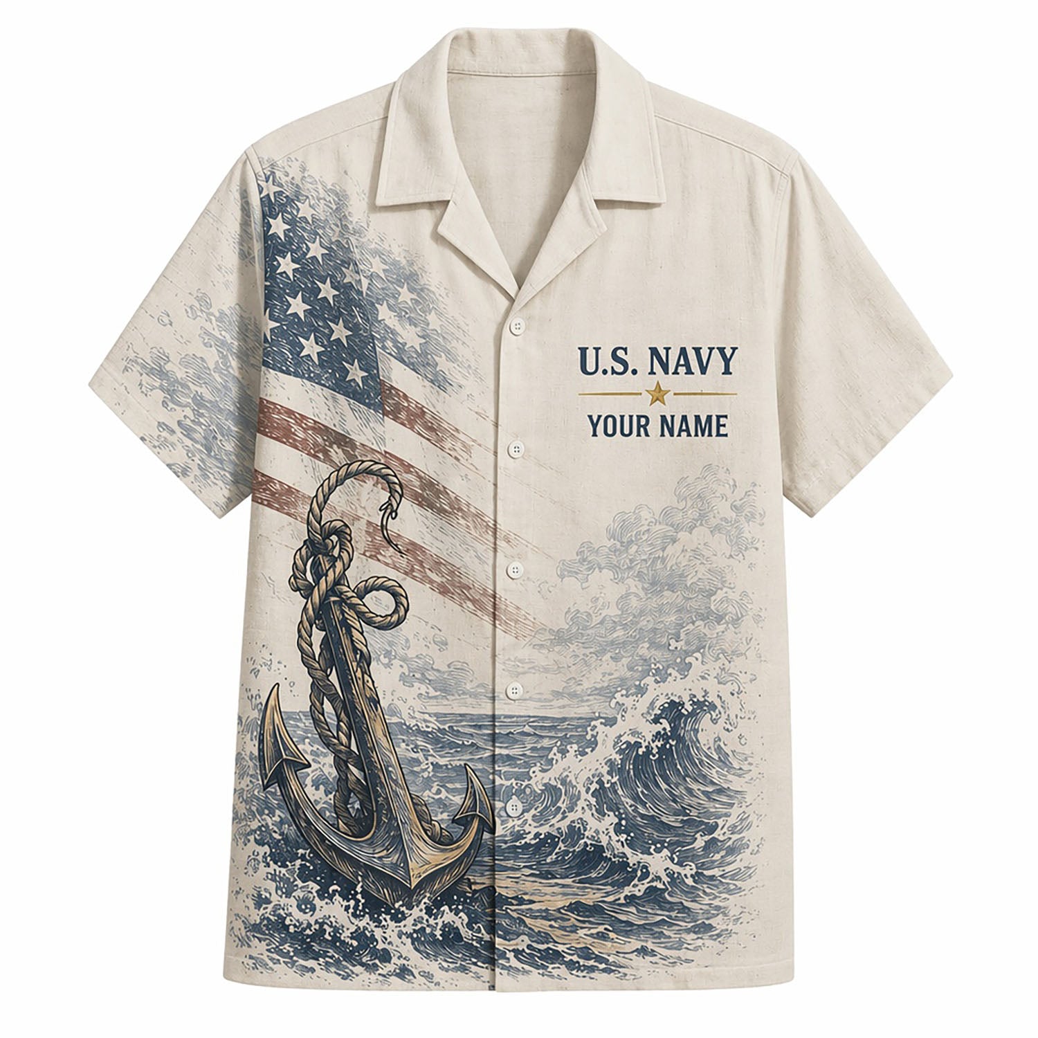 Front flat-lay view of the Personalized US Navy Hawaiian Shirt in cream featuring a large vintage anchor, giant sea waves, and custom name badge