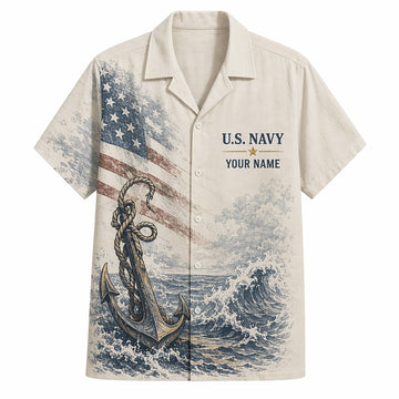 Front flat-lay view of the Personalized US Navy Hawaiian Shirt in cream featuring a large vintage anchor, giant sea waves, and custom name badge