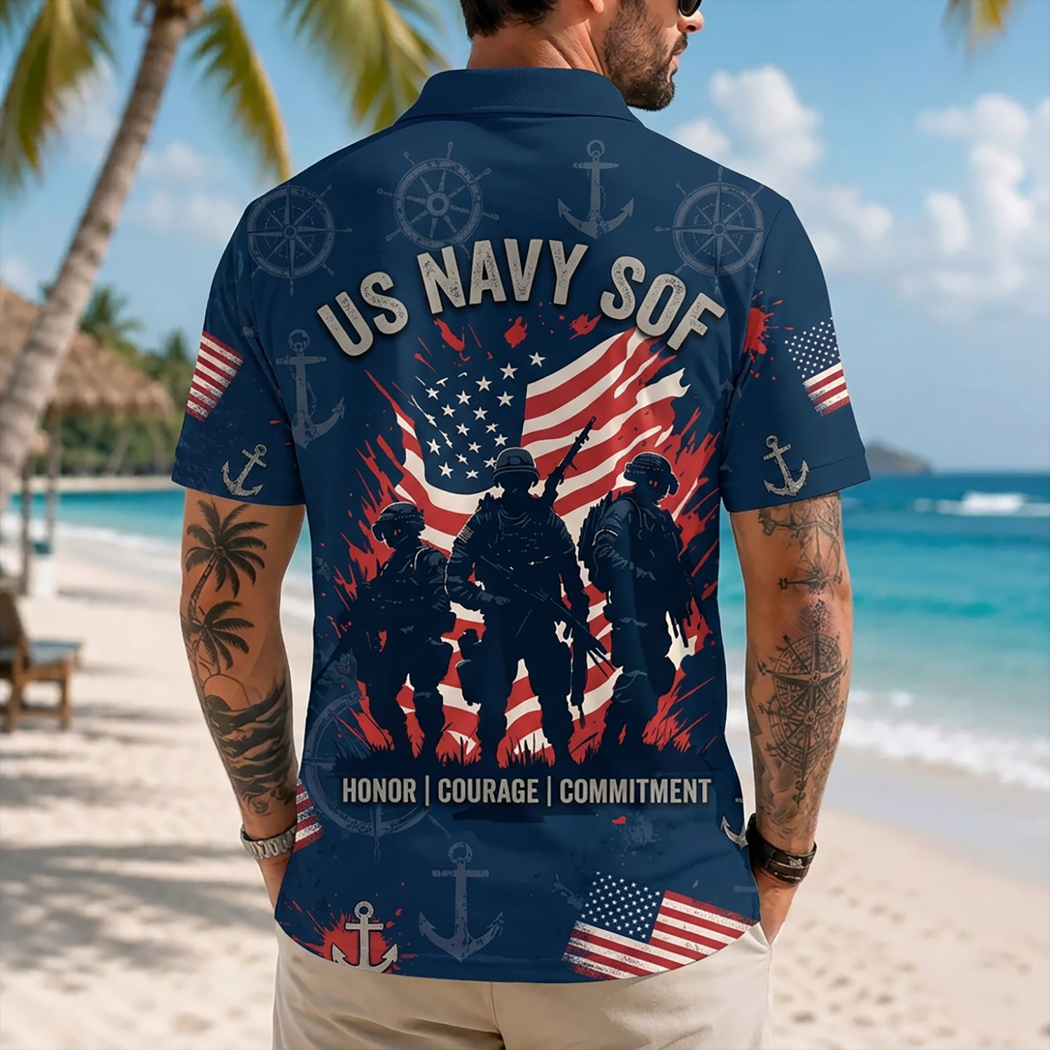 Mens US Navy Hawaiian Shirt Back View Featuring Navy SEALs Elite Operators, Waving Flag, and US Navy SOF Text