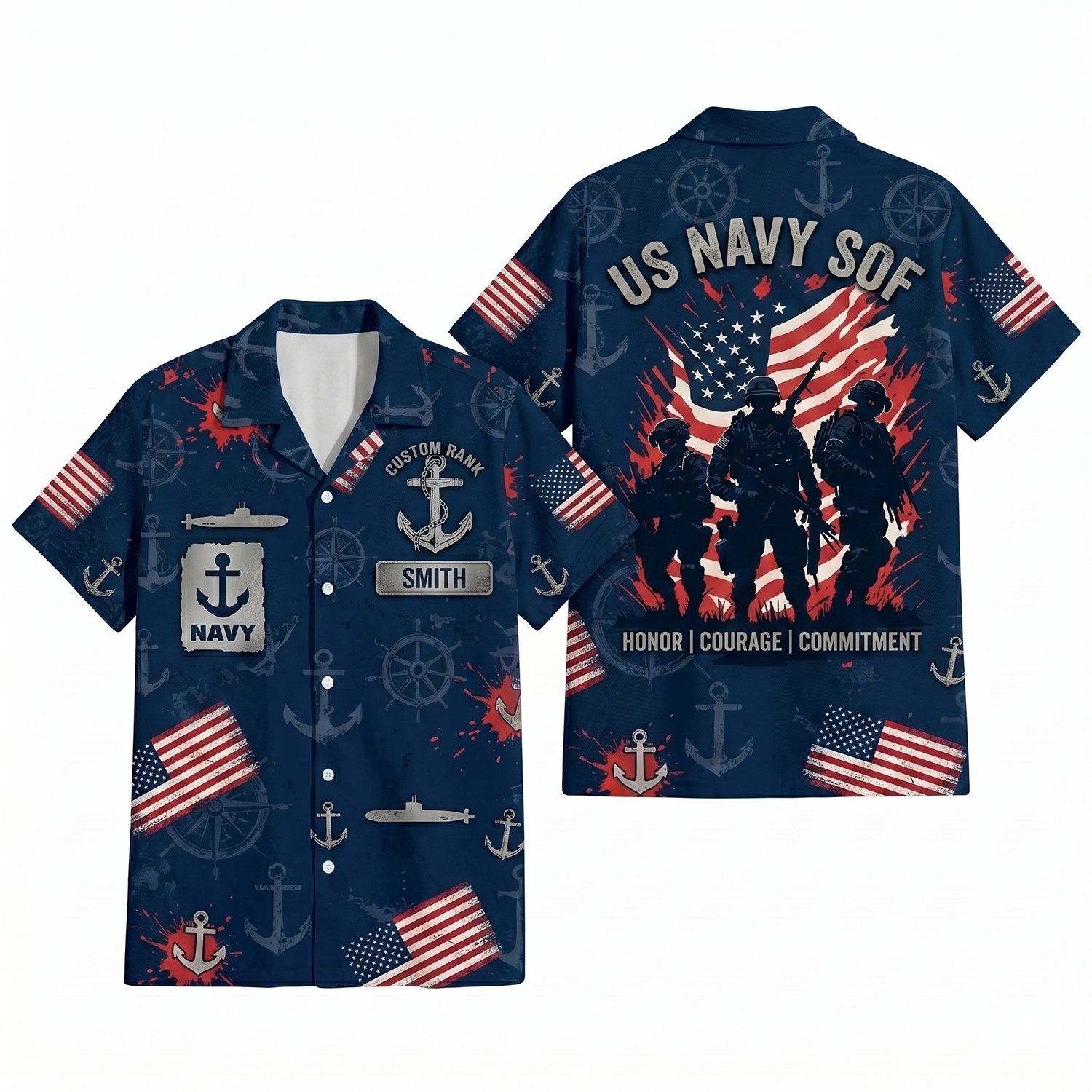 Mens Personalized US Navy SOF Special Operations Forces Hawaiian Shirt Flat Layout