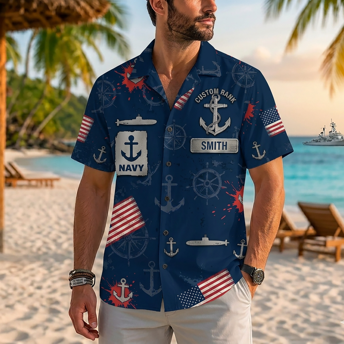 Mens Personalized US Navy SOF Special Operations Forces Hawaiian Shirt Flat Layout