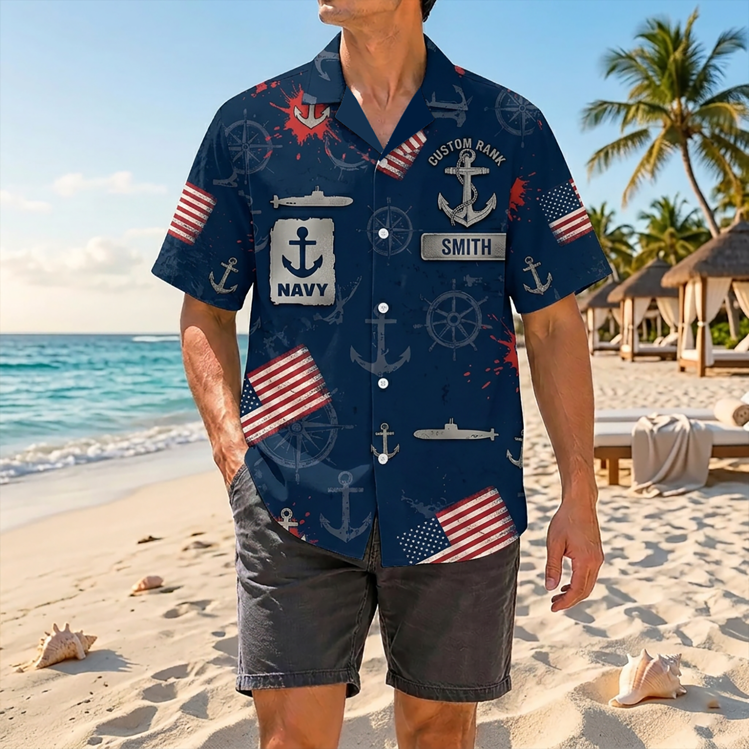 Proud Elite Veteran Wearing Matching Personalized US Navy SOF Hawaiian Shirt On A Tropical Beach