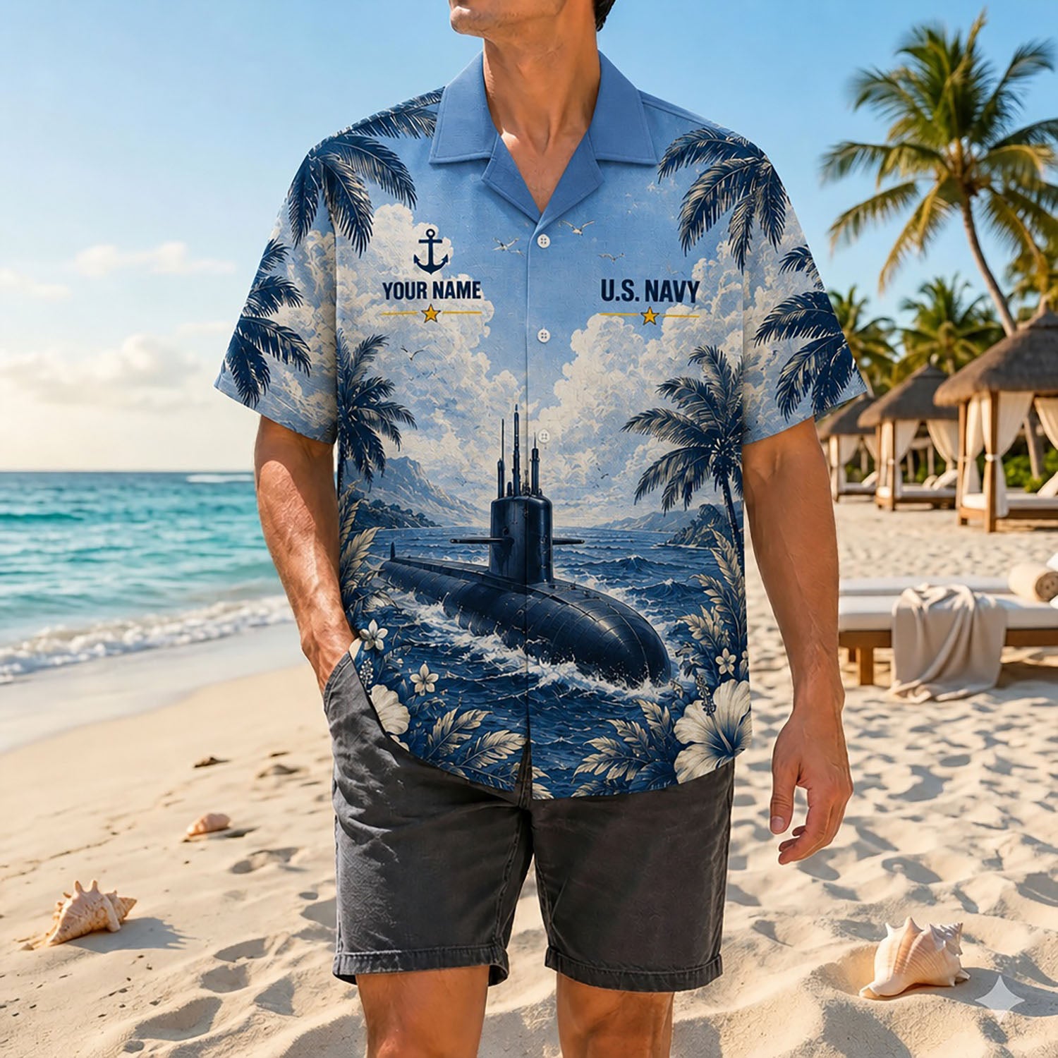 Full shot of a male model posing on a sunny shore wearing the personalized US Navy SSN-571 submarine tropical shirt with grey beach shorts