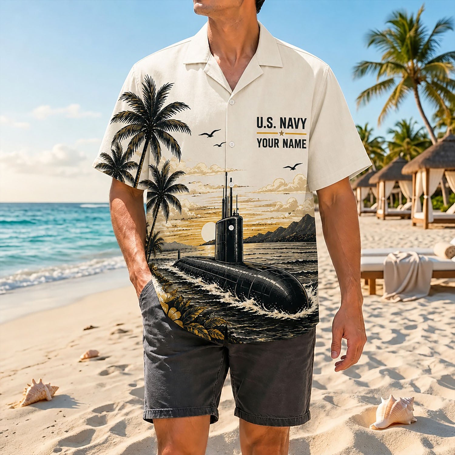 Full shot of a male model posing on a sunny shore wearing the personalized US Navy SSN-571 submarine tropical shirt with charcoal shorts
