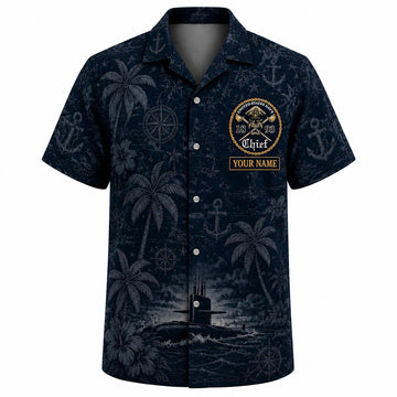 Front flat-lay view of the Personalized US Navy Submarine Chief Hawaiian Shirt with a custom name slot and a navy submarine silhouette