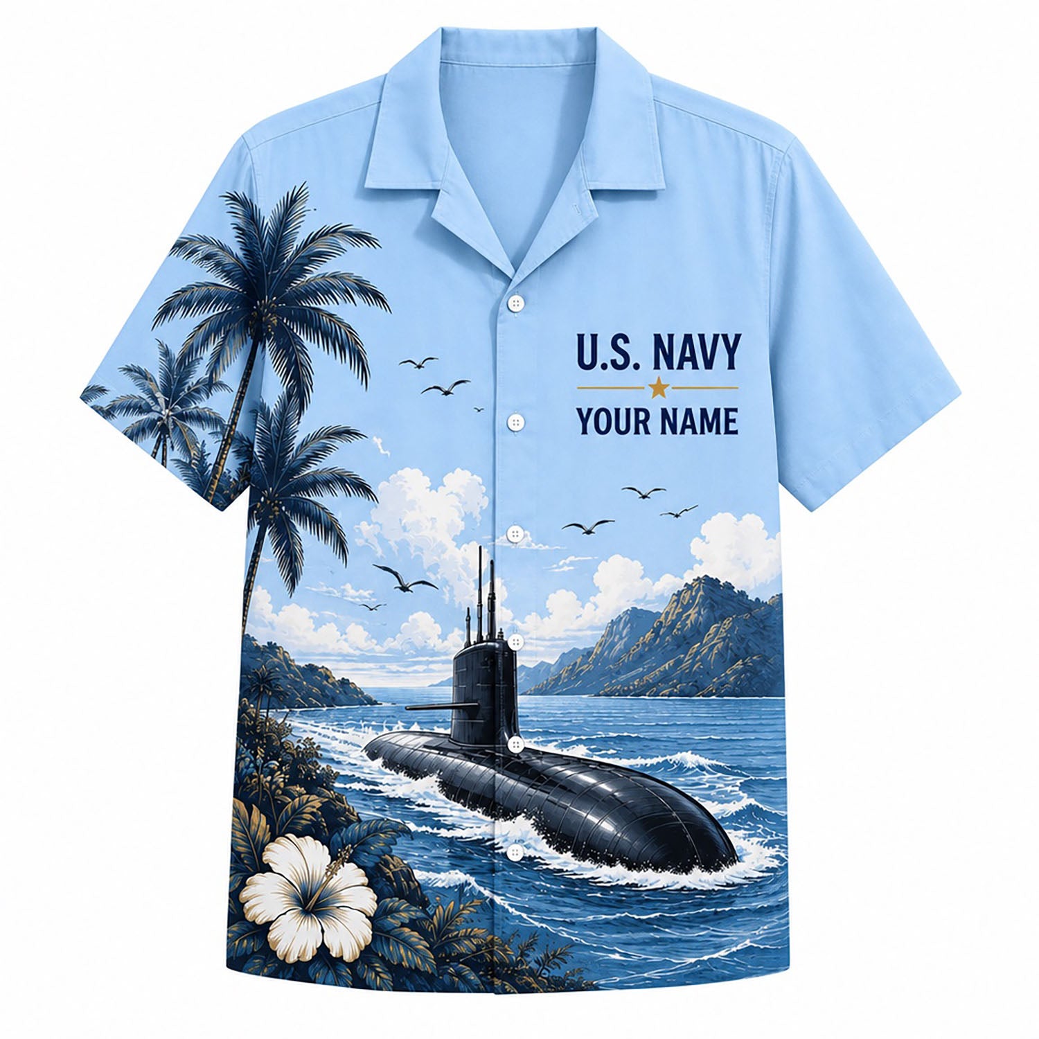 Front flat-lay view of the Personalized US Navy Submarine Light Blue Hawaiian Shirt featuring a submarine hull surfacing, palm trees, and custom name template