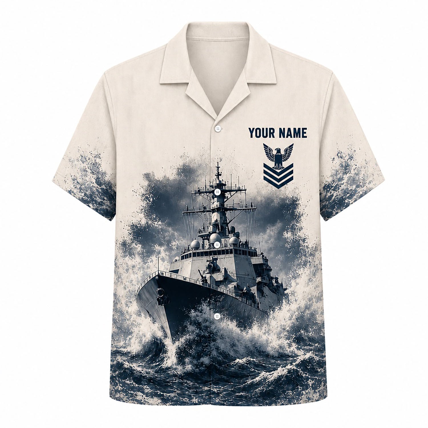 Front flat-lay view of the Personalized US Navy Surface Warfare Hawaiian Shirt with custom name, navy rank insignia, and an epic battleship crashing through ocean waves