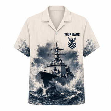 Front flat-lay view of the Personalized US Navy Surface Warfare Hawaiian Shirt with custom name, navy rank insignia, and an epic battleship crashing through ocean waves