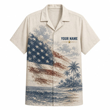 Front flat-lay view of the Personalized US Navy Veteran Hawaiian Shirt in cream with a vintage sketched American flag and custom name text