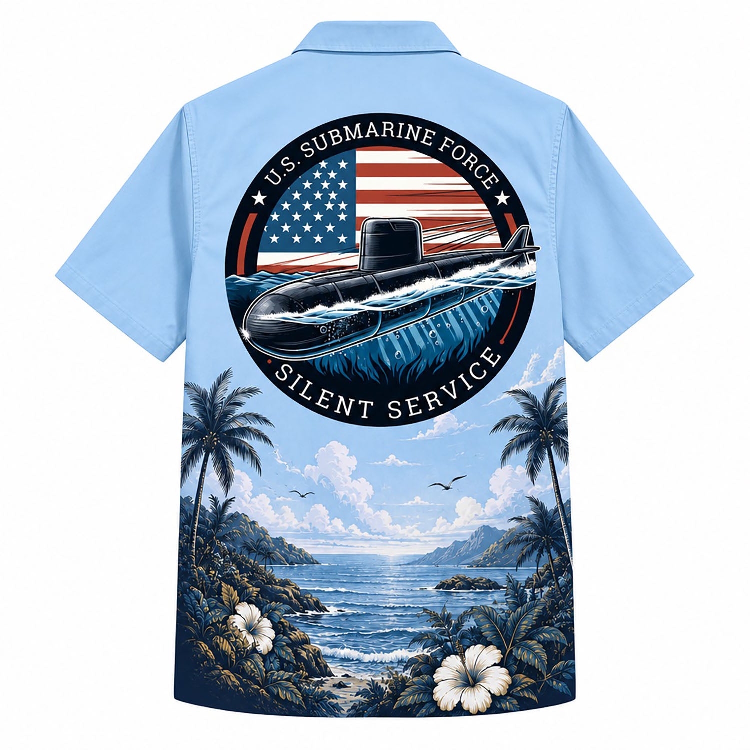 Back view mockup of the US Submarine Force Hawaiian shirt showcasing a detailed submarine illustration inside a circular American flag badge with "Silent Service" text