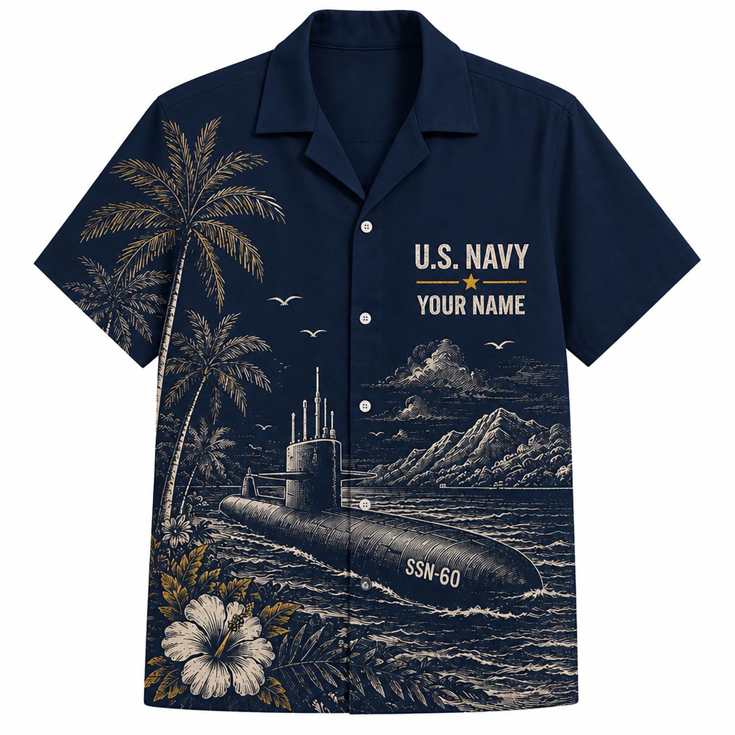 Front flat-lay view of the Personalized US Submarine Force Hawaiian Shirt in navy blue featuring a sand-cream SSN-60 submarine illustration and custom name block