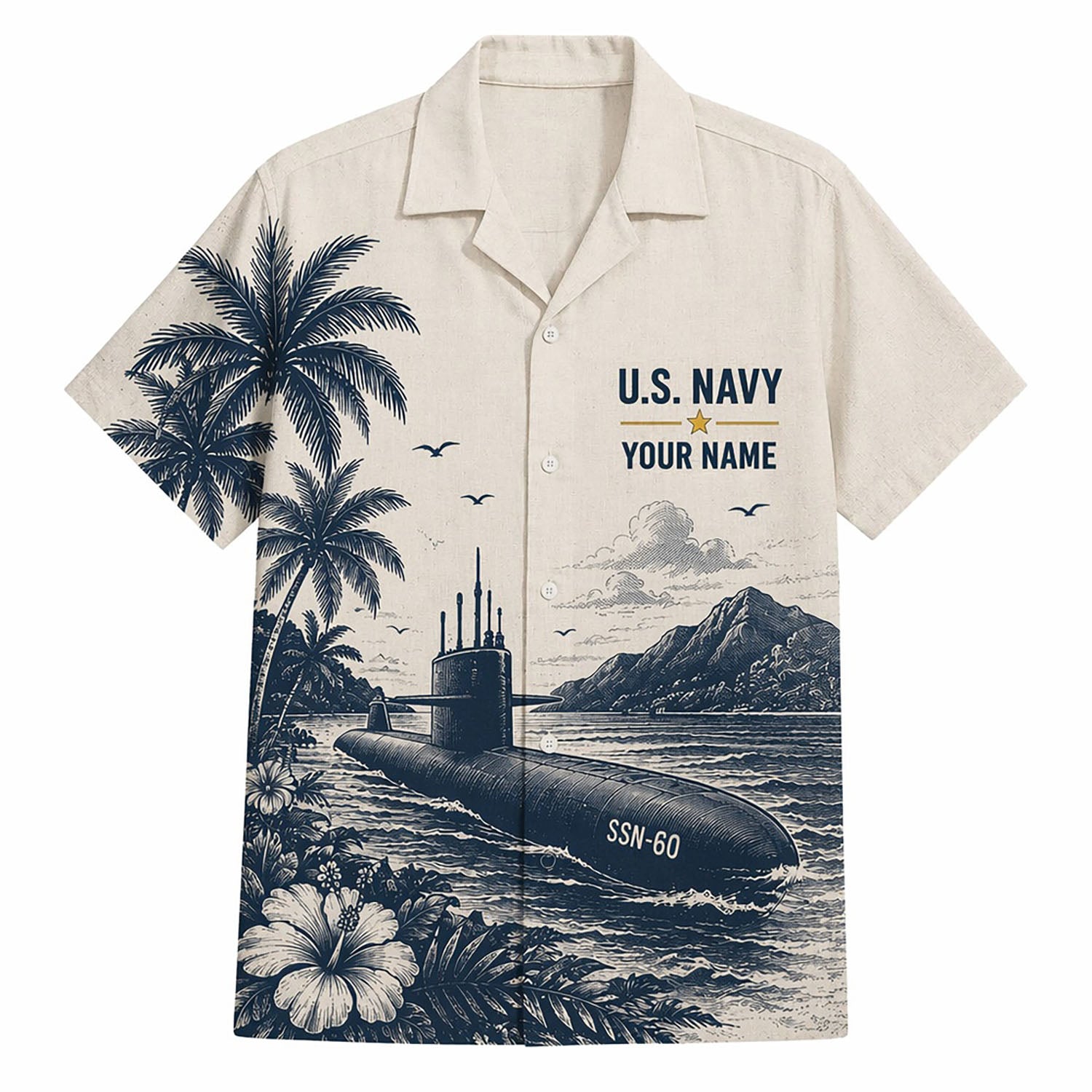 Front flat-lay view of the Personalized US Submarine Force Hawaiian Shirt in cream featuring an indigo SSN-60 submarine illustration and custom name block
