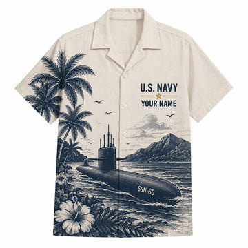 Front flat-lay view of the Personalized US Submarine Force Hawaiian Shirt in cream featuring an indigo SSN-60 submarine illustration and custom name block