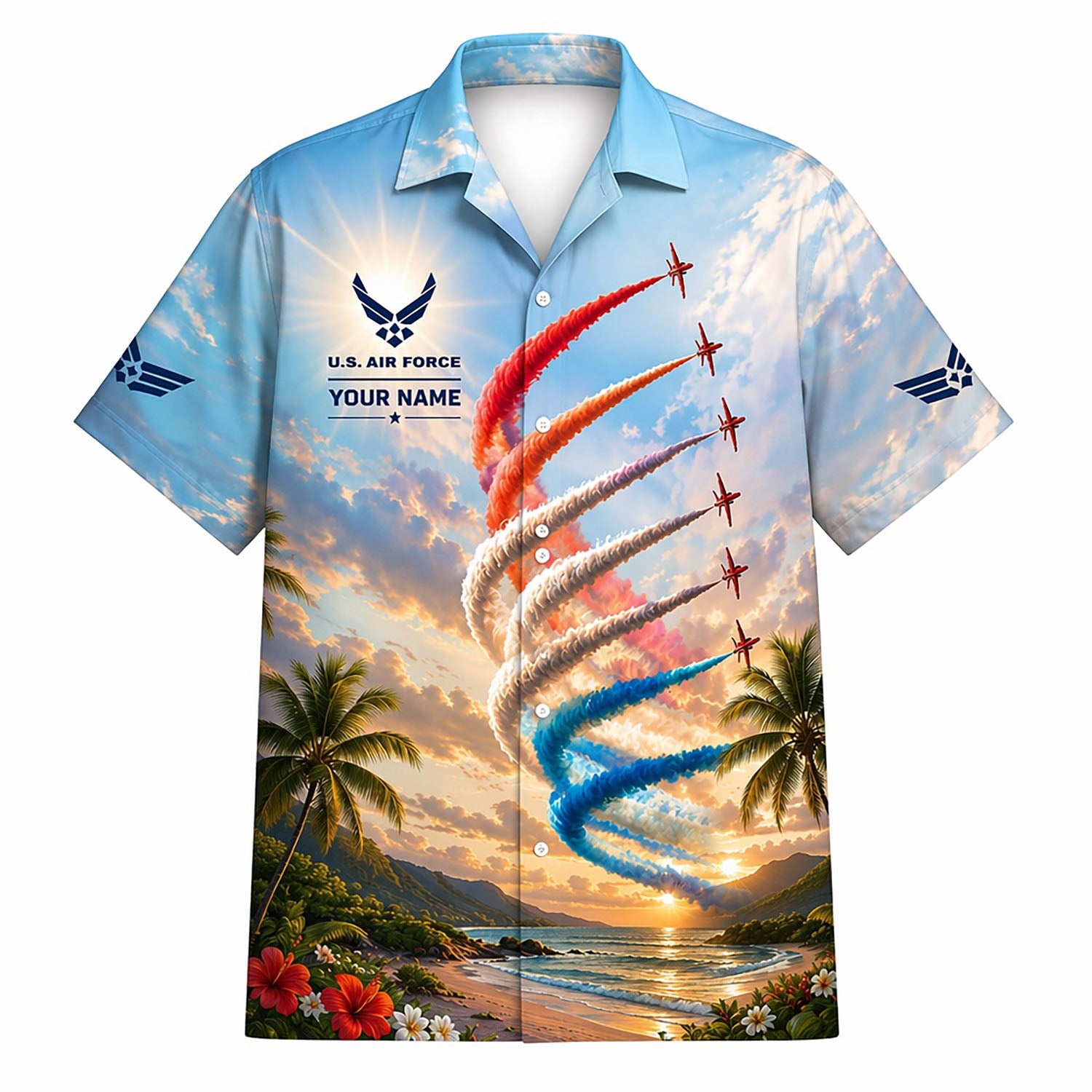 Front flat-lay view of the light blue USAF Hawaiian shirt featuring personalized name text, airforce crest, and jets pulling colored smoke trails over a tropical beach sunset