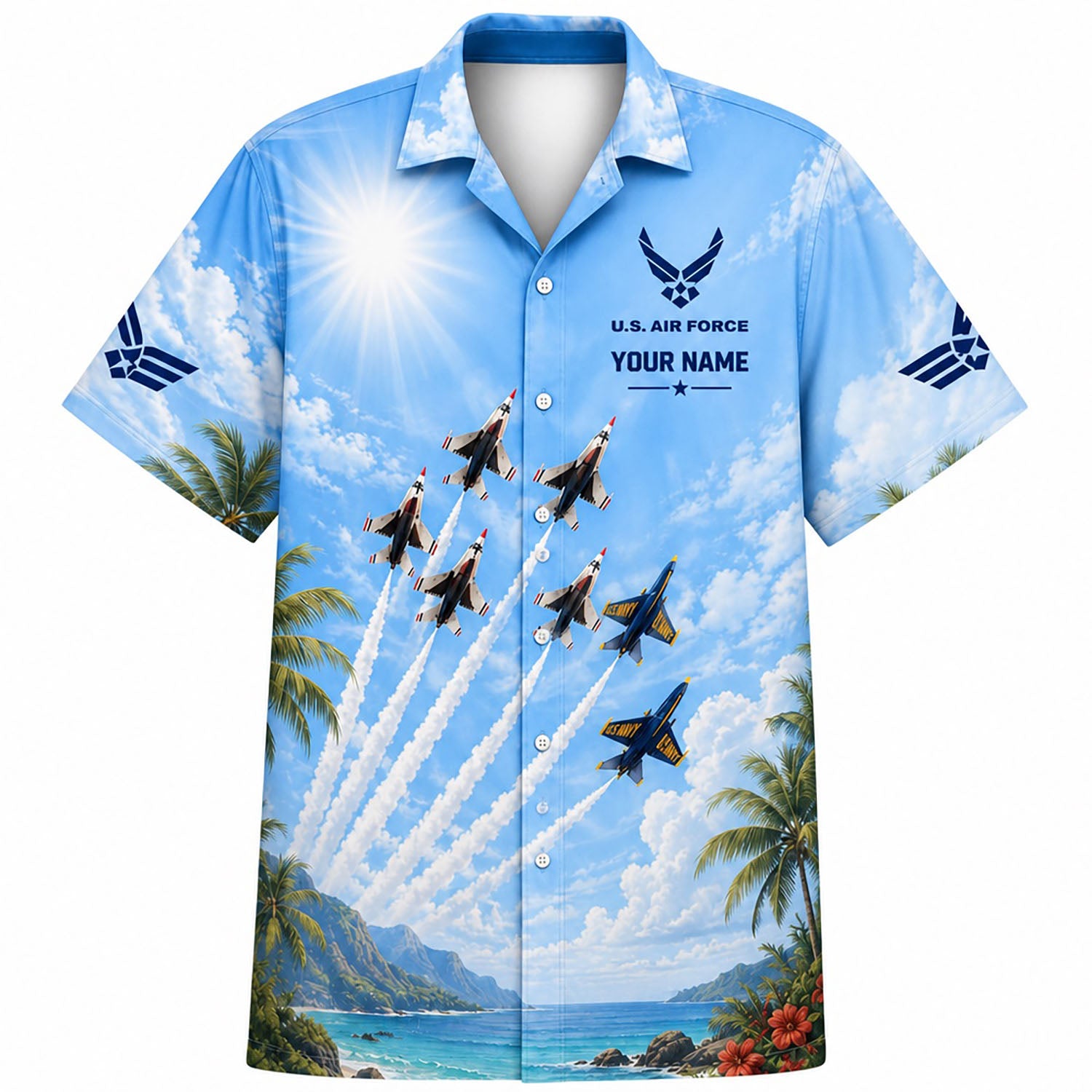 Front flat-lay view of the Sunlit Sky Hawaiian shirt featuring personalized name text, USAF insignia, and jet teams soaring above a tropical bay