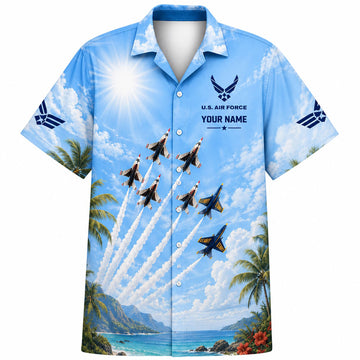 Front flat-lay view of the Sunlit Sky Hawaiian shirt featuring personalized name text, USAF insignia, and jet teams soaring above a tropical bay
