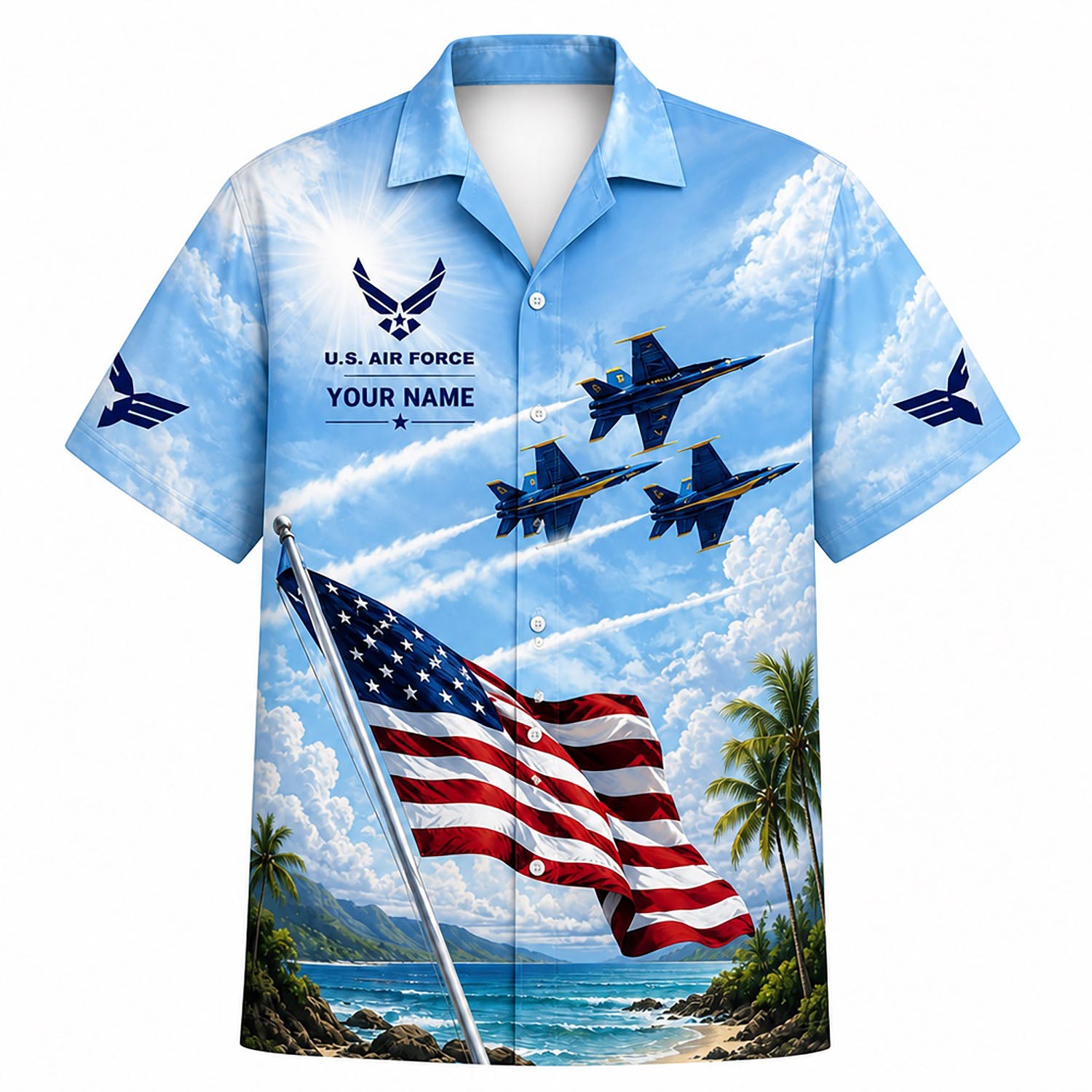 Front flat-lay view of the Personalized U.S. Air Force Hawaiian Shirt featuring a large waving American flag, custom name slot, and blue-and-gold stunt fighter jets flying in formation