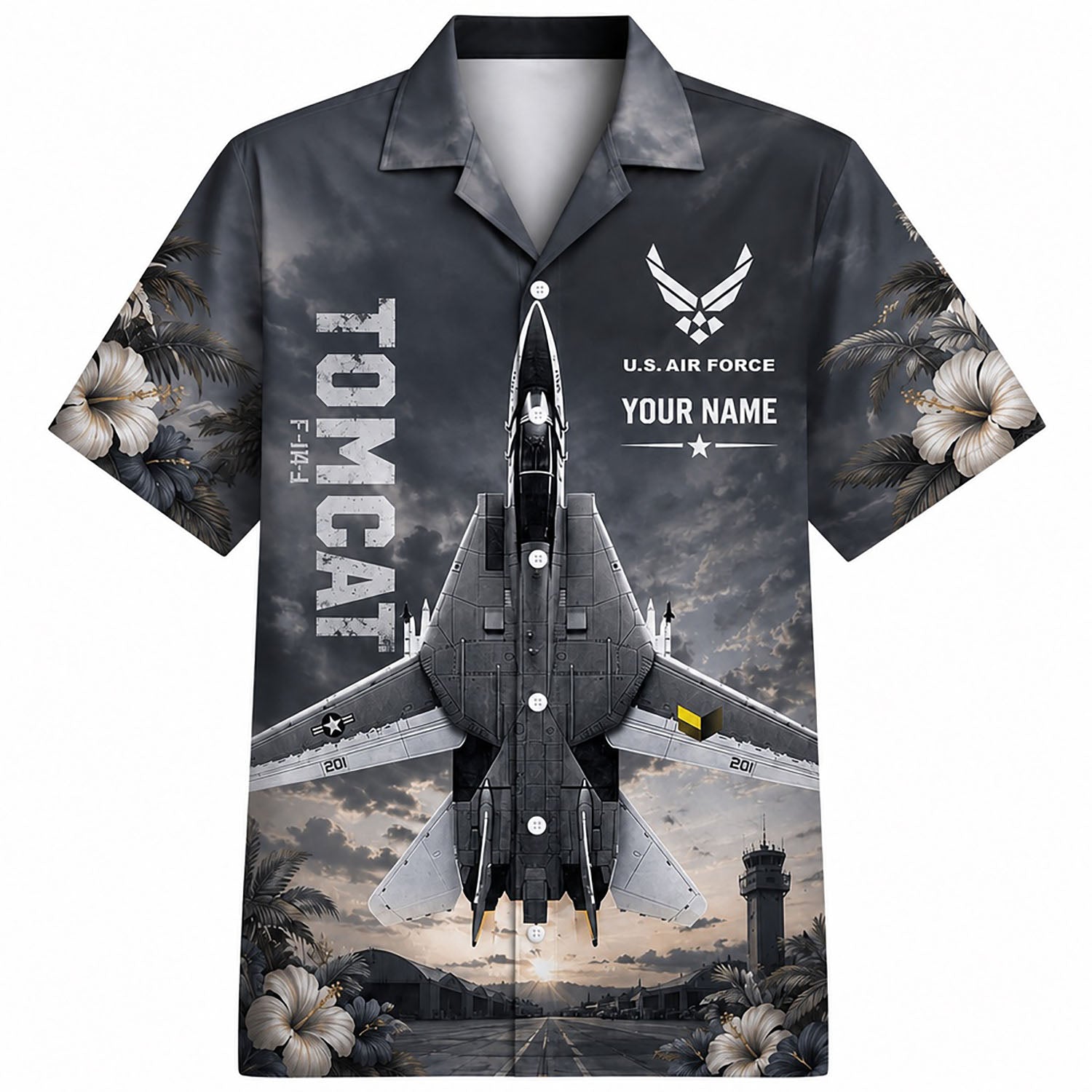Front flat-lay view of the vintage charcoal F-14 Tomcat Hawaiian shirt showcasing a top-down jet graphic, custom name plate, and military airbase runway background