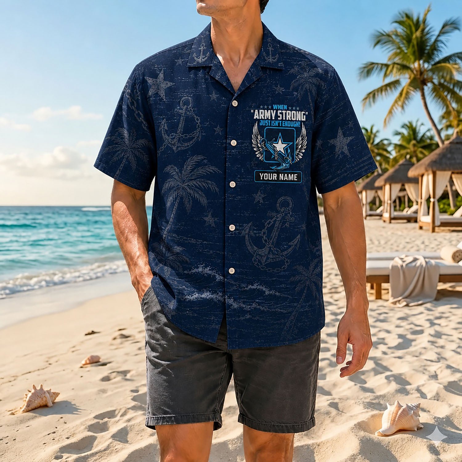 Full shot of a male model posing on a sunny shore wearing the custom US Navy Army Strong Isn't Enough Hawaiian shirt with dark shorts