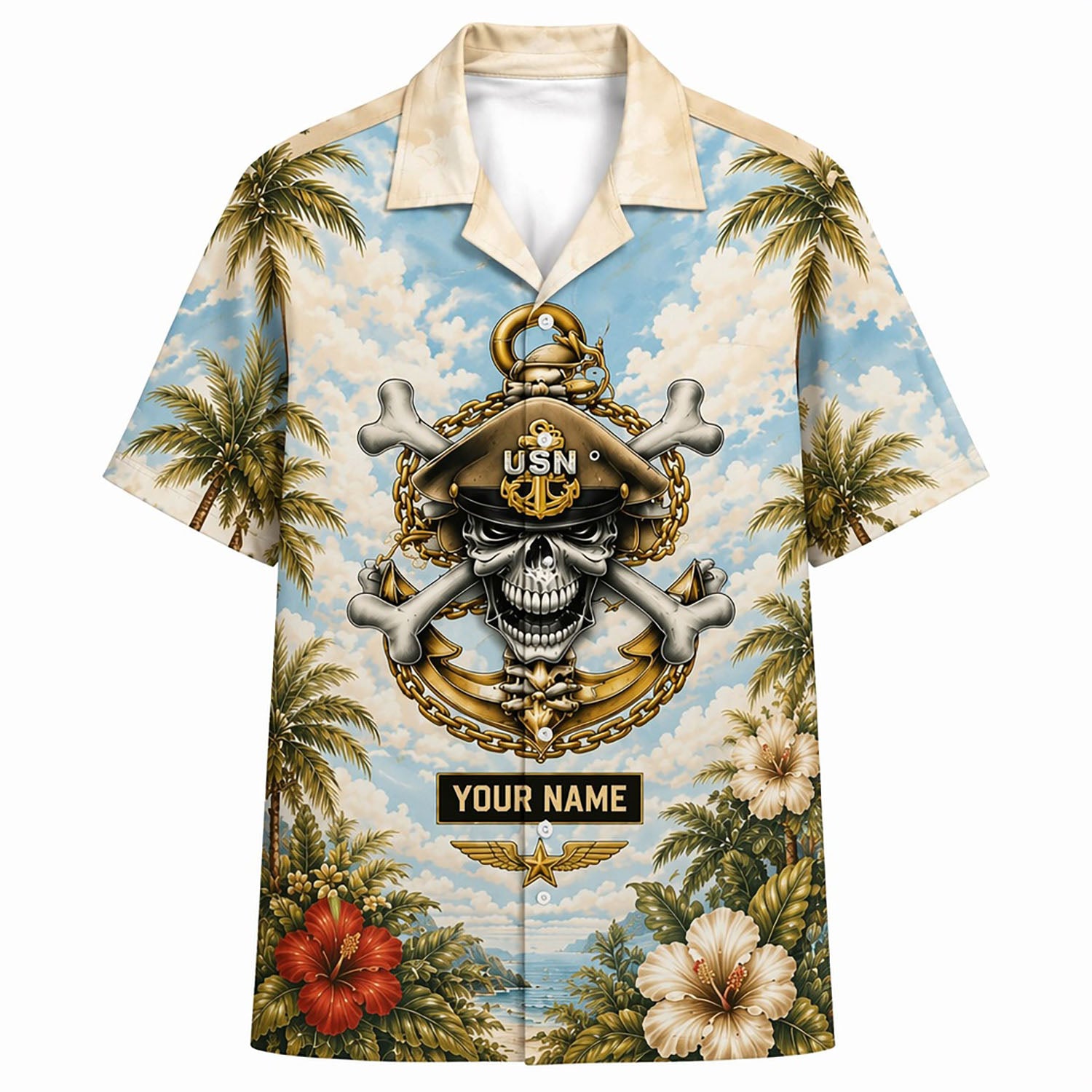 Front flat-lay view of the Personalized USN Chief Skull Hawaiian Shirt with custom name text plate, sky blue background, and tropical hibiscus flowers