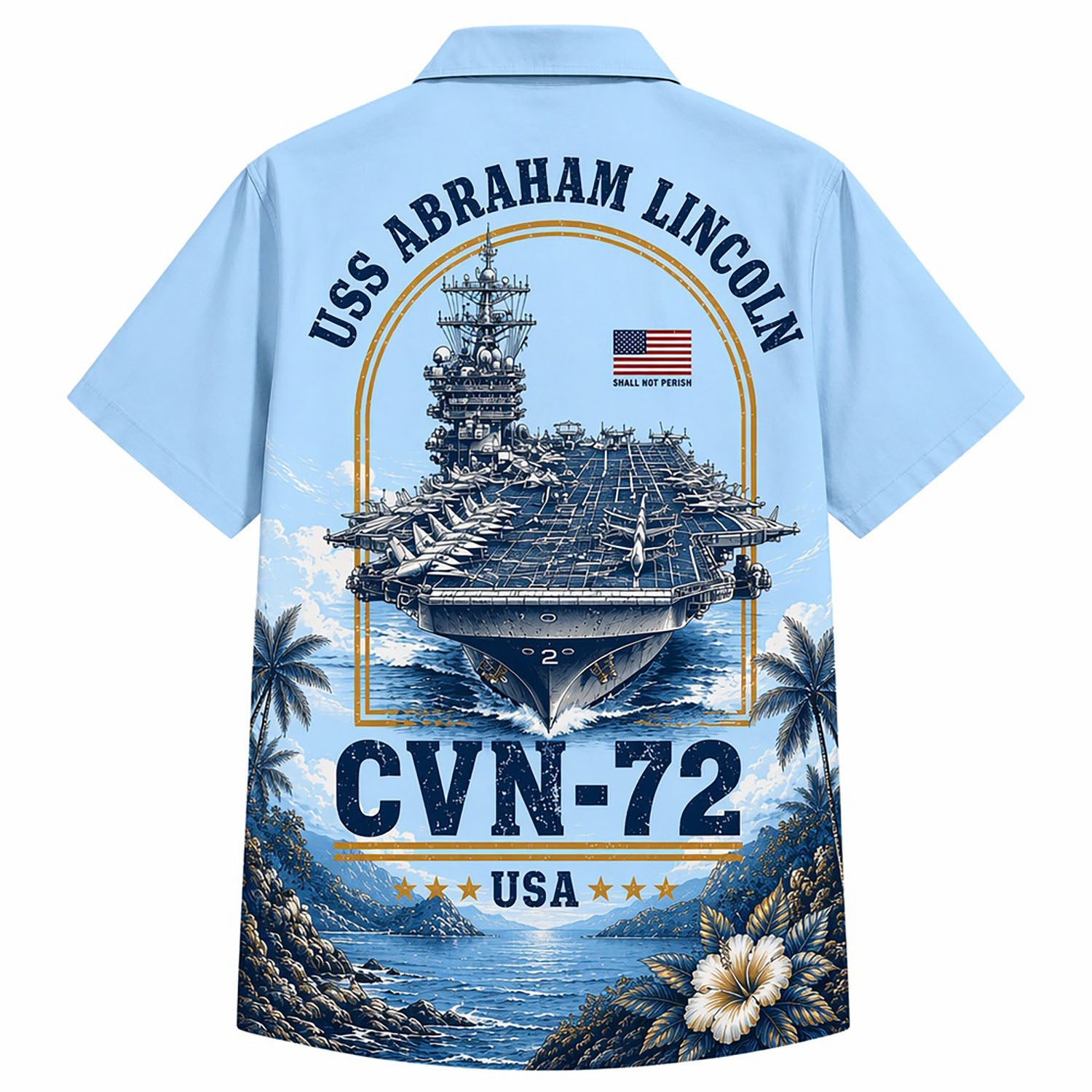 Back view mockup of the USS Abraham Lincoln CVN-72 Hawaiian shirt showcasing the detailed aircraft carrier flight deck graphic inside a golden arch with the American flag