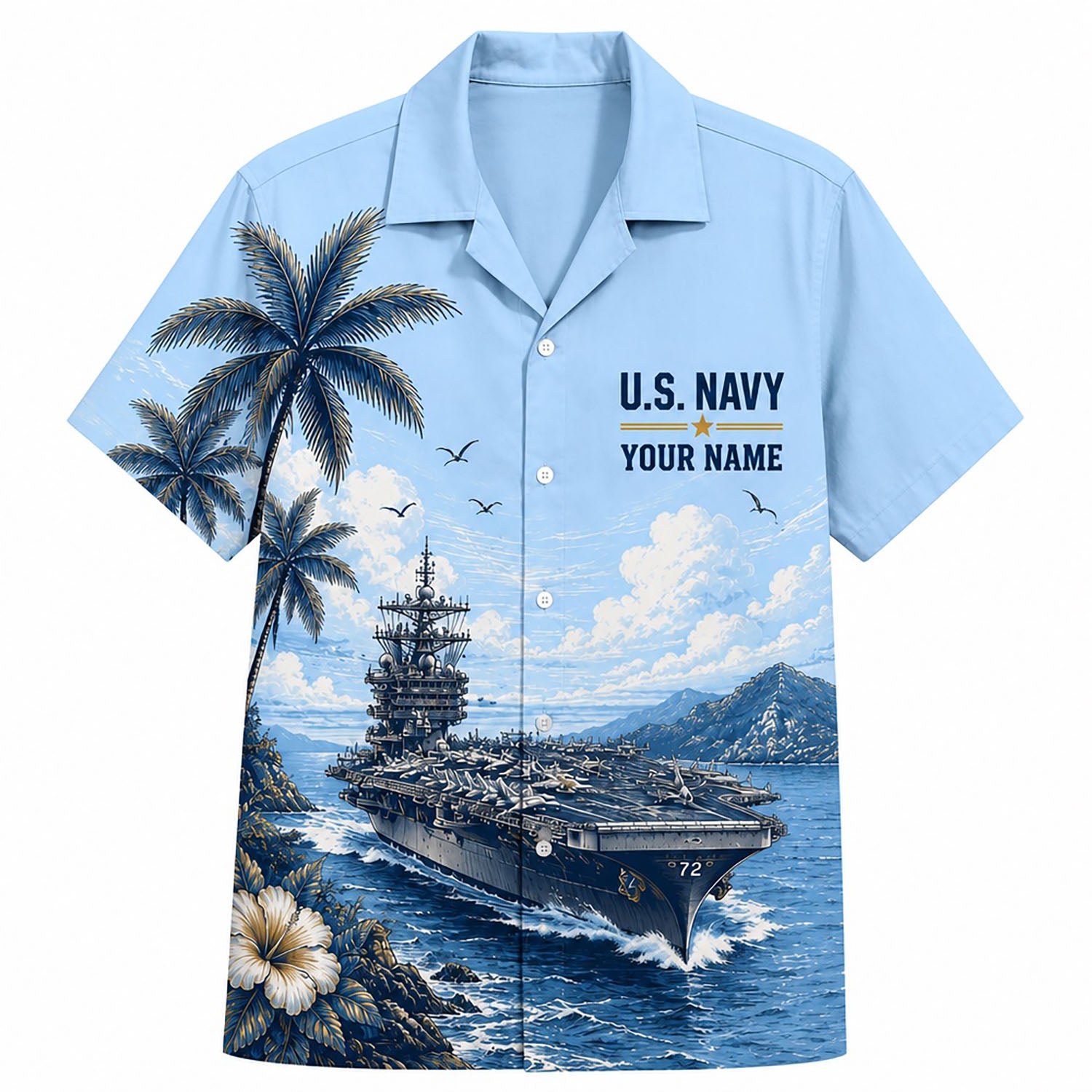 Front flat-lay view of the Personalized USS Abraham Lincoln CVN-72 US Navy Light Blue Hawaiian Shirt featuring the aircraft carrier hull number 72, palm trees, and custom name banner template