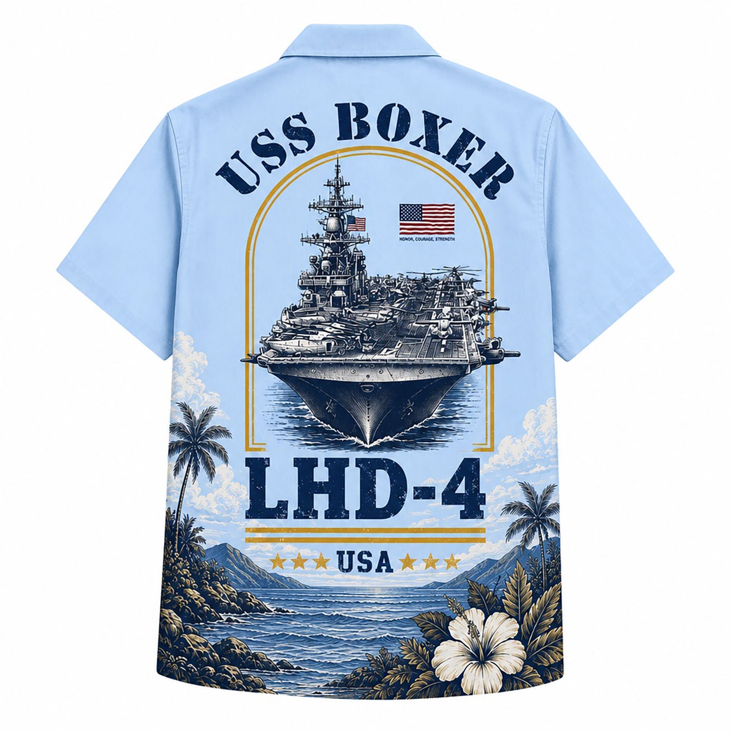Back view mockup of the Personalized USS Boxer LHD-4 US Navy Hawaiian Shirt showcasing the large USS Boxer ship graphic with an American flag within a golden frame