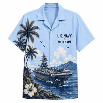 Front view mockup of the Personalized USS Boxer LHD-4 US Navy Light Blue Hawaiian Shirt featuring the LHD-4 naval ship, palm trees, and custom name slot on the left chest