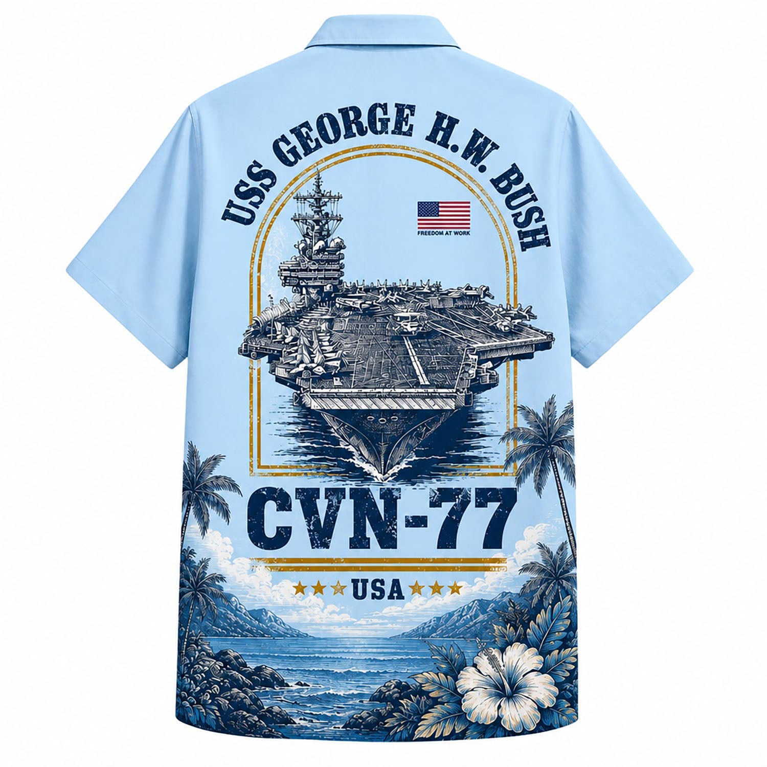 Back view mockup of the USS George H.W. Bush CVN-77 Hawaiian shirt showcasing the detailed aircraft carrier flight deck graphic inside a golden arch with the American flag