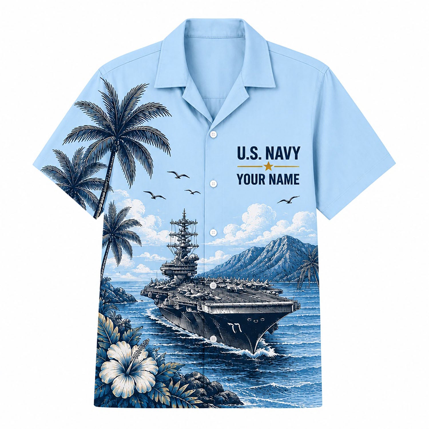 Front flat-lay view of the Personalized USS George H.W. Bush CVN-77 US Navy Light Blue Hawaiian Shirt featuring the aircraft carrier hull number 77, palm trees, and custom name template
