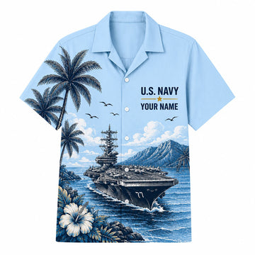 Front flat-lay view of the Personalized USS George H.W. Bush CVN-77 US Navy Light Blue Hawaiian Shirt featuring the aircraft carrier hull number 77, palm trees, and custom name template
