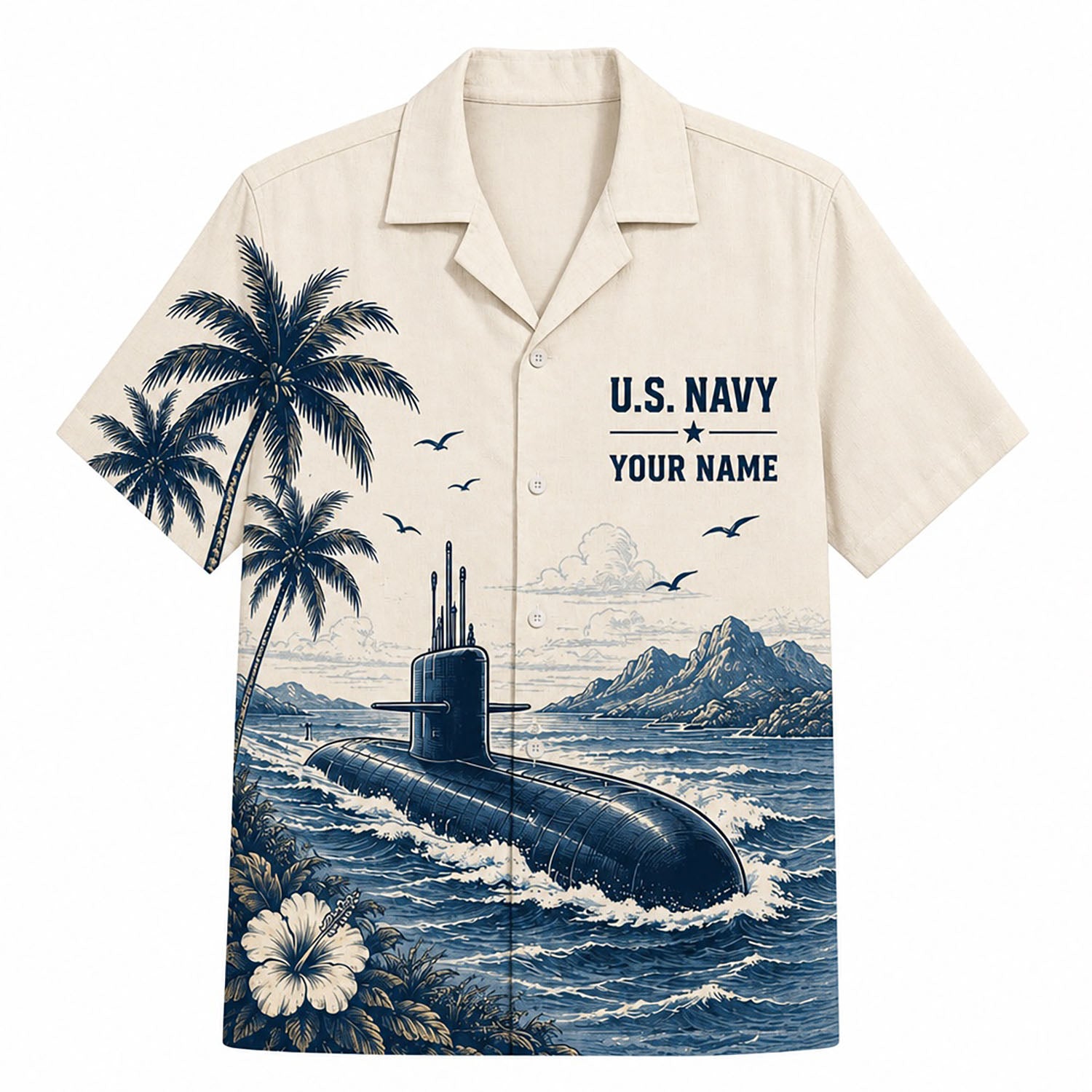 Front flat-lay view of the Personalized USS Hampton SSN-767 US Navy Cream Hawaiian Shirt with a navy blue submarine graphic and custom name template