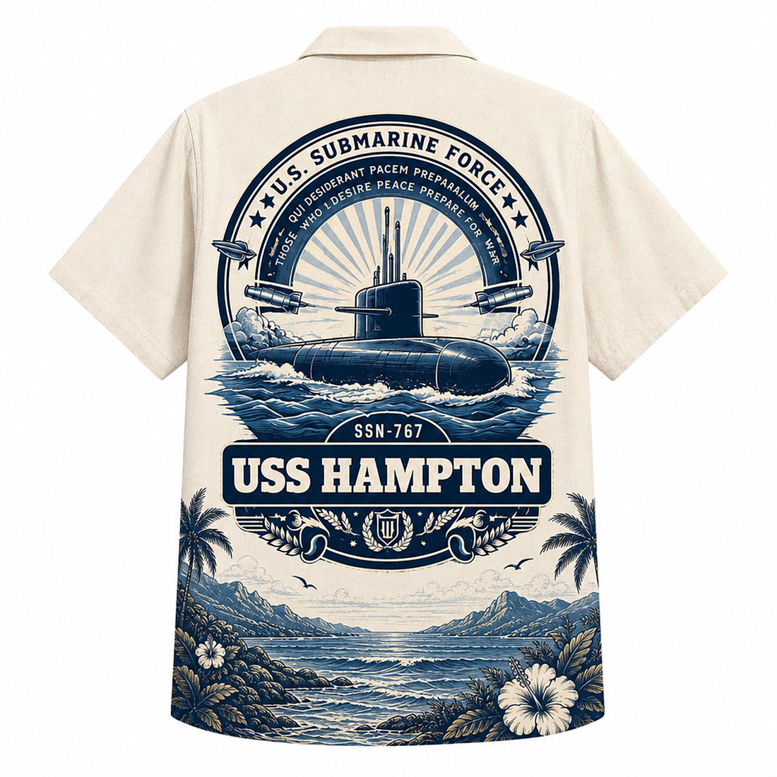 Front flat-lay view of the Personalized USS Hampton SSN-767 US Navy Cream Hawaiian Shirt with a navy blue submarine graphic and custom name template