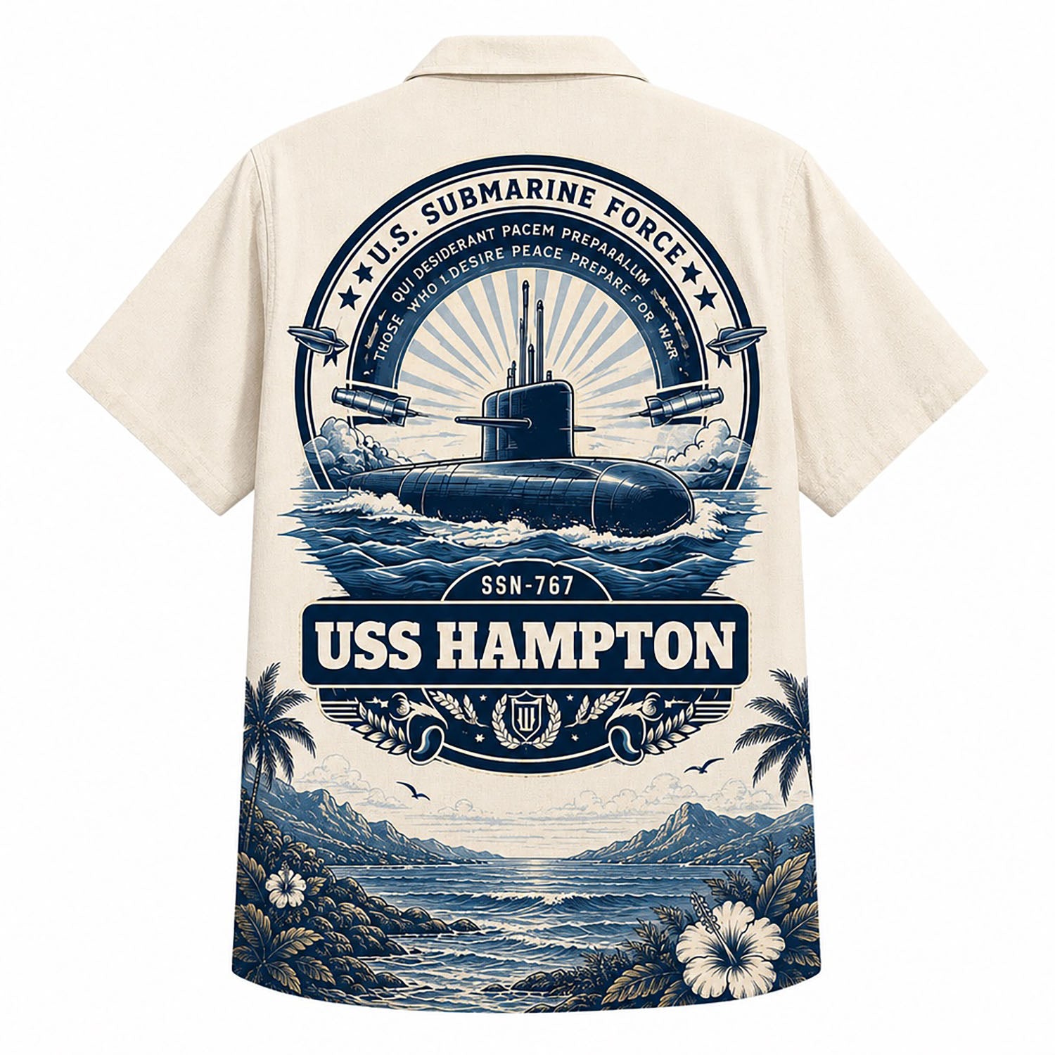 Back view mockup of the USS Hampton SSN-767 Hawaiian shirt showcasing the circular emblem with the Latin motto and bold ship name banner