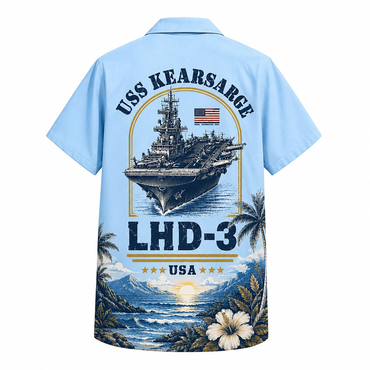 Back view mockup of the Personalized USS Kearsarge LHD-3 US Navy Hawaiian Shirt showcasing the USS Kearsarge LHD-3 aircraft carrier graphic with an American flag and a tropical beach sunset