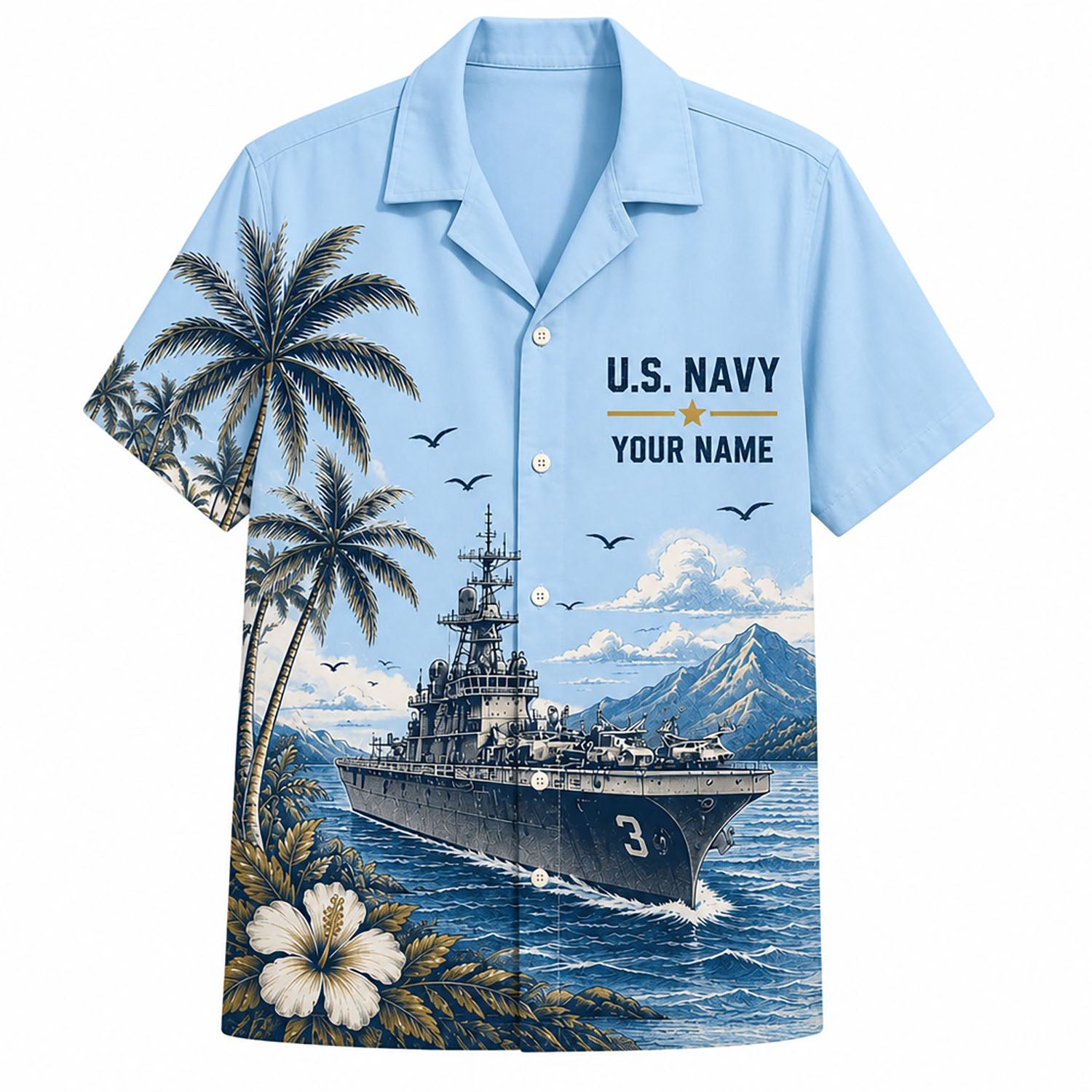 Front view mockup of the Personalized USS Kearsarge LHD-3 US Navy Light Blue Hawaiian Shirt featuring a naval destroyer ship, palm trees, and custom name slot on the left chest