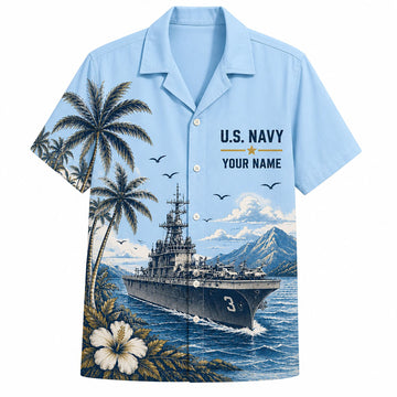 Front view mockup of the Personalized USS Kearsarge LHD-3 US Navy Light Blue Hawaiian Shirt featuring a naval destroyer ship, palm trees, and custom name slot on the left chest