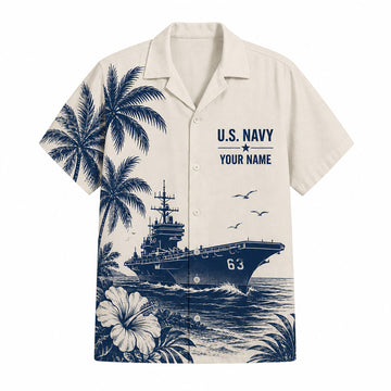 Front flat-lay view of the Personalized USS Kitty Hawk CV-63 Hawaiian Shirt in cream with indigo blue supercarrier print and custom name