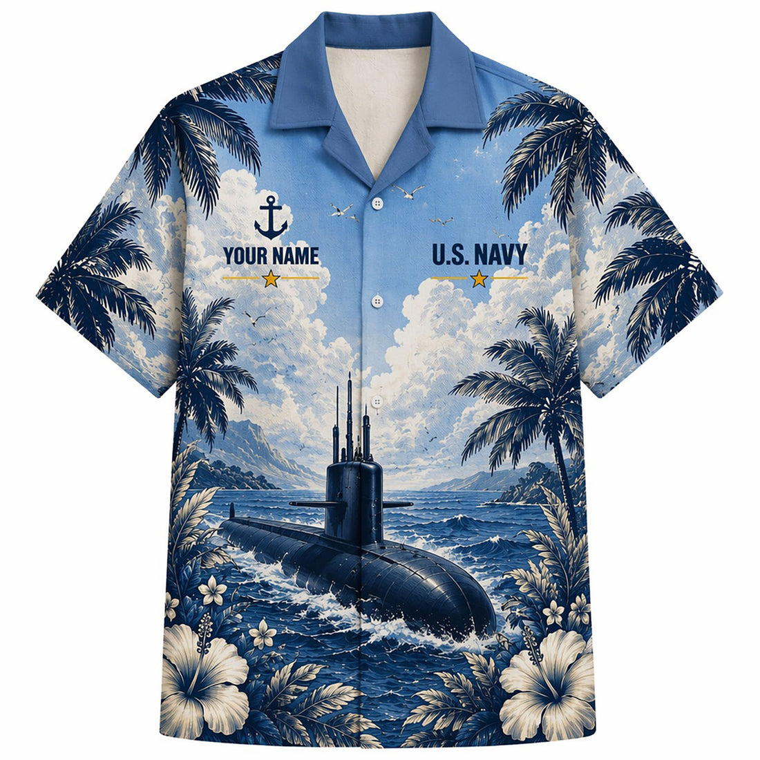 Front flat-lay view of the Personalized USS Nautilus SSN-571 US Navy Blue Hawaiian Shirt with a detailed submarine under a cloudy tropical sky